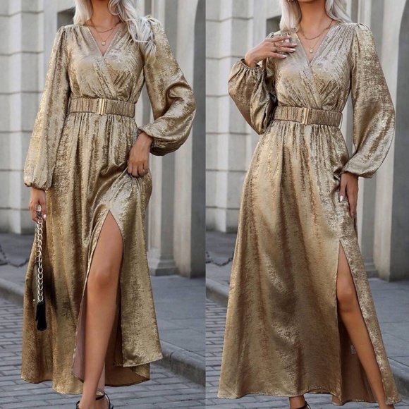 Luxe Gold Metallic Surplice Belted party Holiday Evening Dress